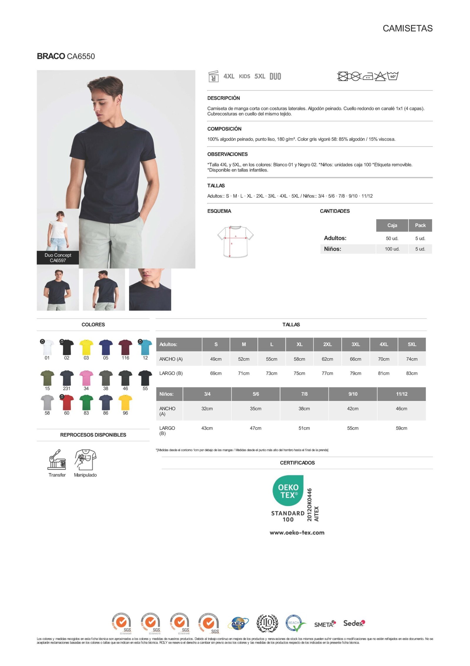 camiseta roly ca6550 braco manga corta algodón peinado 180g