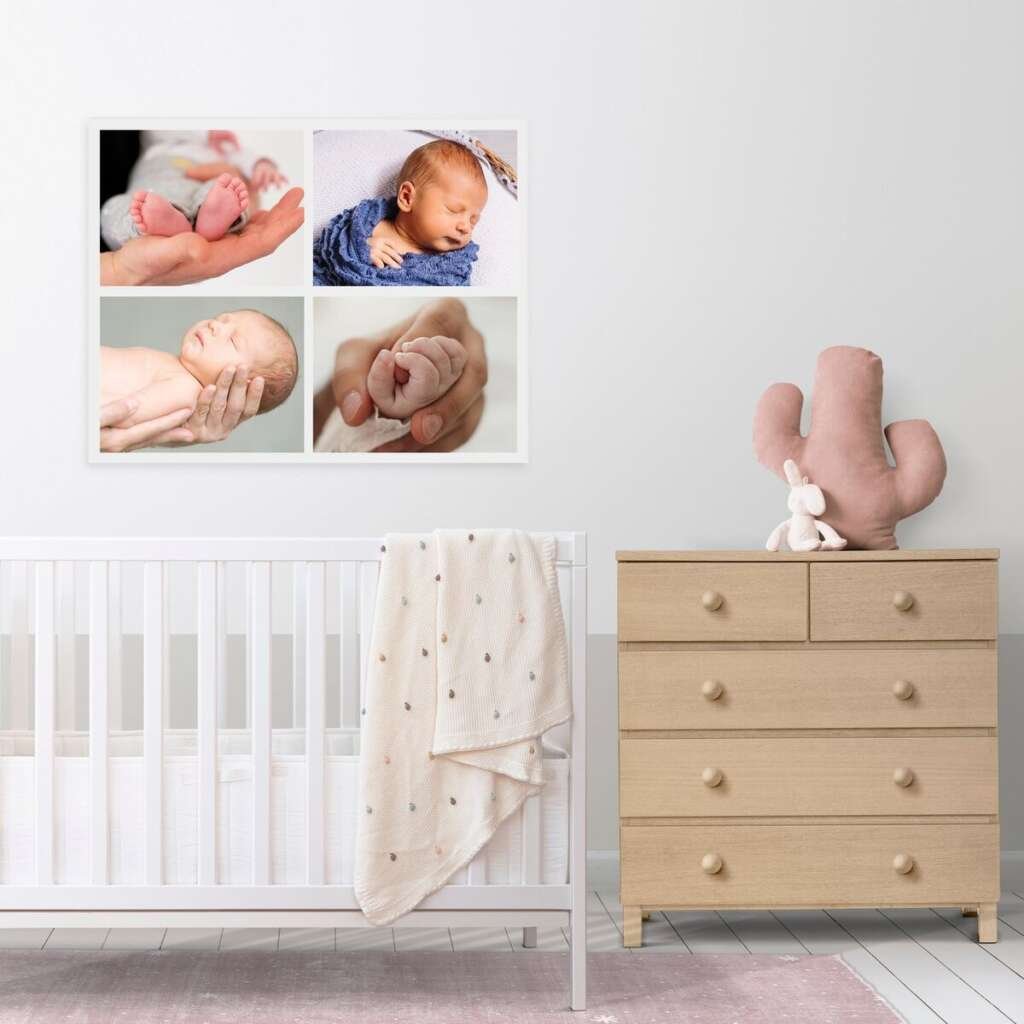 Lienzo collage horizontal de 4 fotos de bebé colgado en la habitación