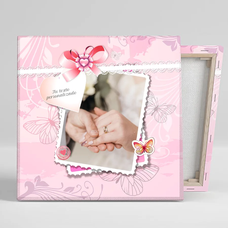 Lienzo personalizado de boda con foto de los novios y texto en un corazón