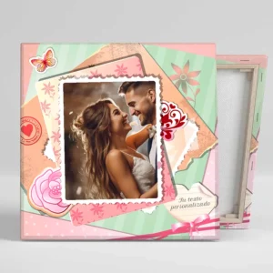 Lienzo personalizado de boda con foto de la pareja y texto en una etiqueta