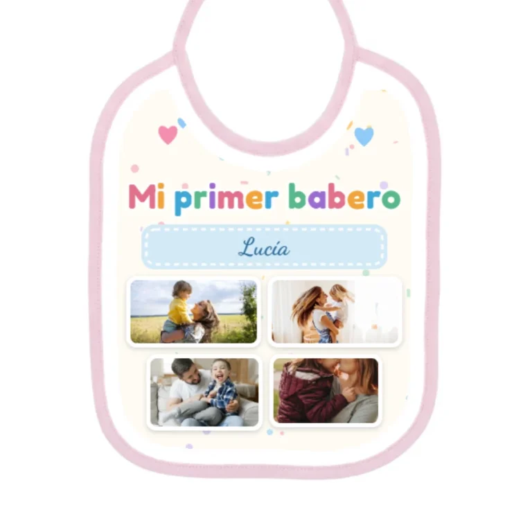 Babero collage · Mi primer babero · 4 fotos · cinta rosa