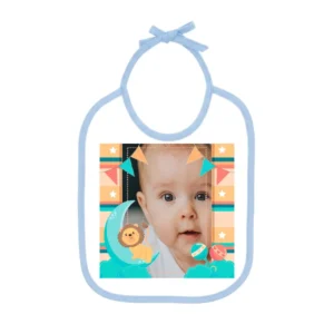 Babero con cinta azul y diseño IN11B con foto de bebé de ejemplo