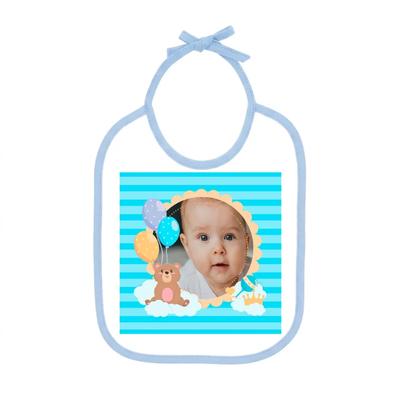 Babero con cinta azul y diseño IN11C con foto de bebé de ejemplo