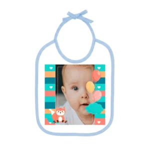 Babero con cinta azul y diseño IN11D con foto de bebé de ejemplo