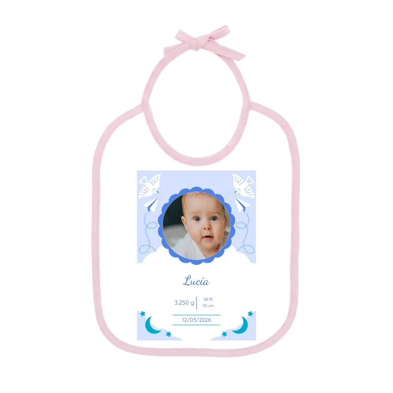 Babero con cinta rosa y diseño NT34B con foto de bebé de ejemplo