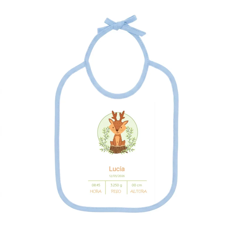 Babero con cinta azul y diseño NT34D con foto de bebé de ejemplo