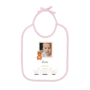 Babero con cinta rosa y diseño NT34J con foto de bebé de ejemplo