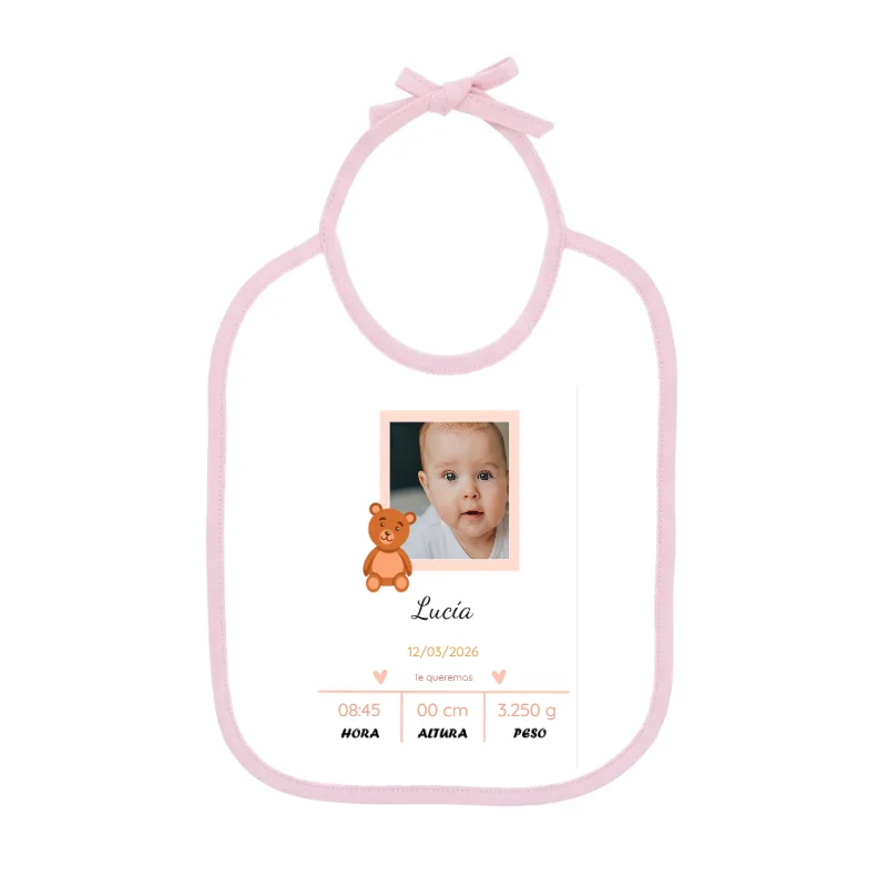 Babero con diseño NT34J cinta rosa Babero con cinta rosa y diseño NT34J con foto de bebé de ejemplo