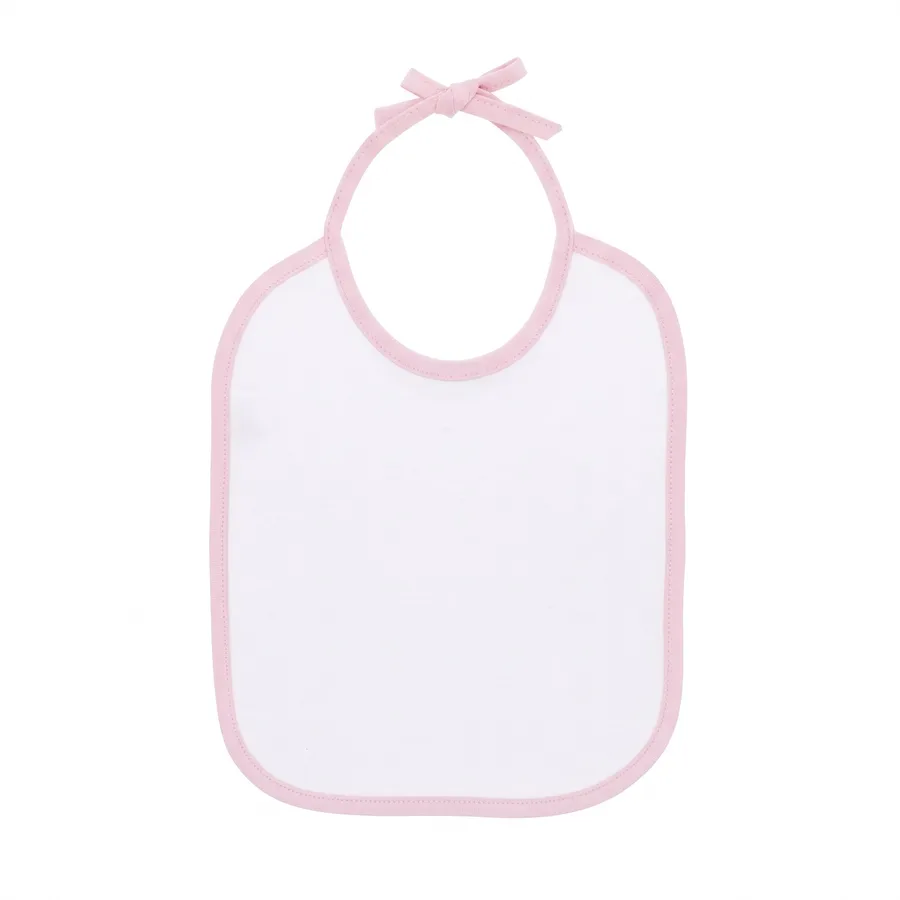 Babero personalizado en blanco con cinta rosa Babero de bebé en blanco con ribete y cinta rosa, antes de personalizar (imagen creada con IA)