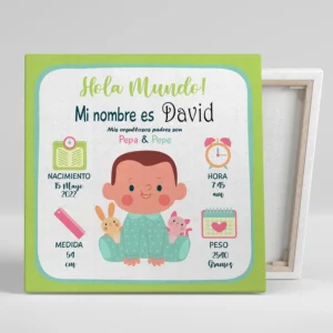 Cuadro natalicio personalizado Hola Mundo con bebé dibujado con nombre, fecha, hora, peso y altura del bebé