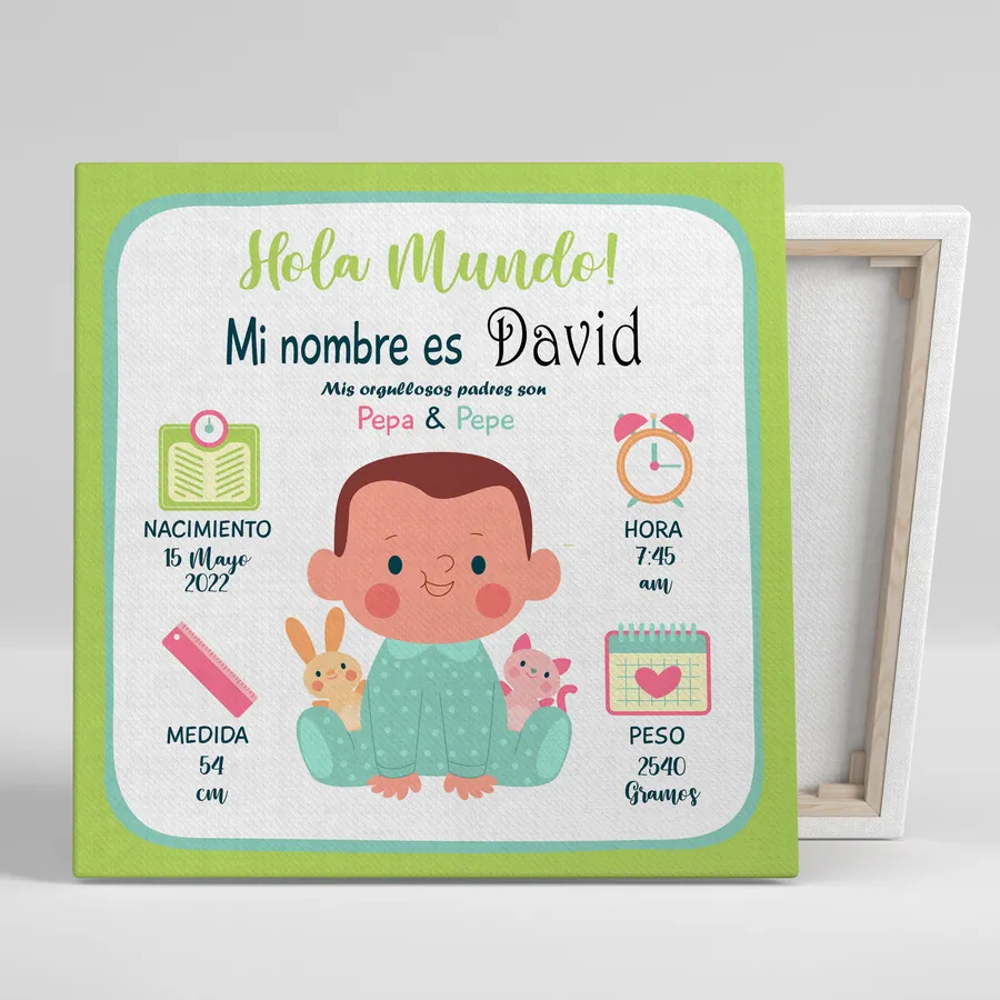 Cuadro natalicio personalizado Hola Mundo con bebé dibujado con nombre, fecha, hora, peso y altura del bebé