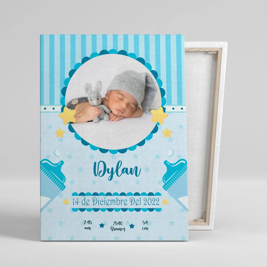 Cuadro natalicio personalizado Blue Baby con foto con nombre, fecha, hora, peso y altura del bebé
