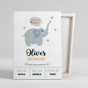 Cuadro natalicio personalizado Oliver elefante con nombre, fecha, hora, peso y altura del bebé
