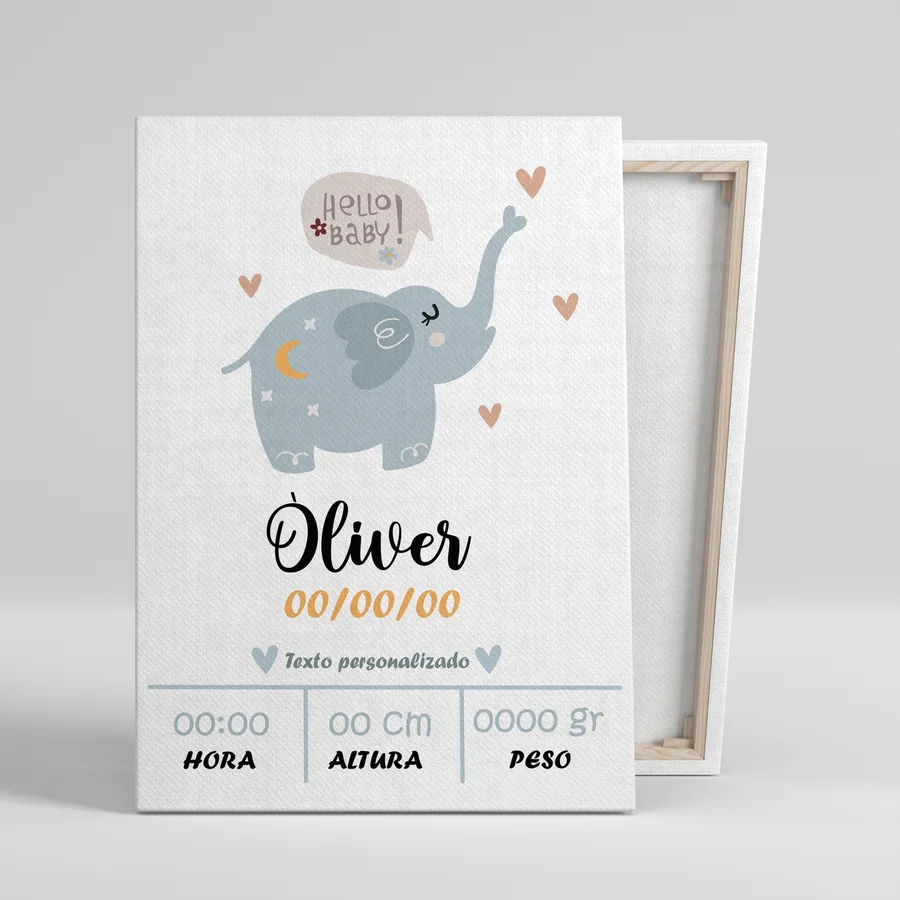Cuadro natalicio personalizado Oliver elefante con nombre, fecha, hora, peso y altura del bebé