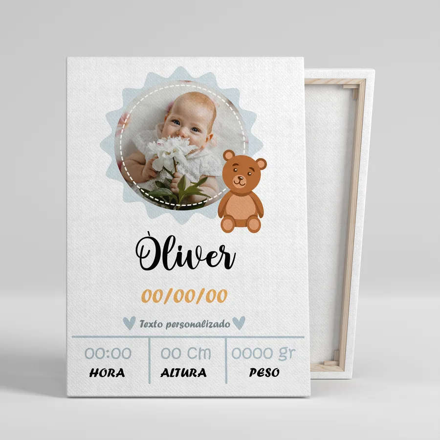 Cuadro natalicio personalizado Oliver osito con foto con nombre, fecha, hora, peso y altura del bebé