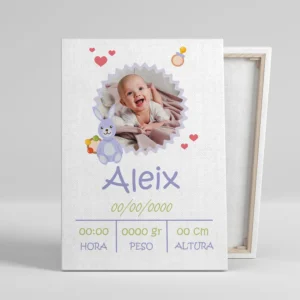 Cuadro natalicio personalizado Aleix conejito con foto con nombre, fecha, hora, peso y altura del bebé