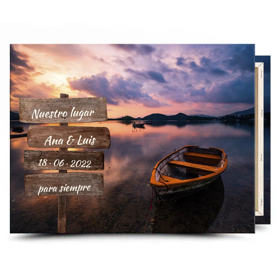 Cuadro paisaje con texto personalizado: barca al atardecer y cartel de madera con tu frase
