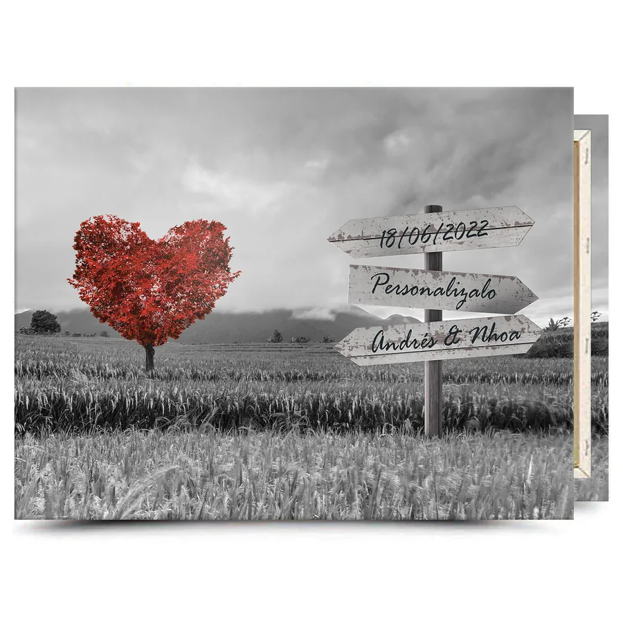 Cuadro con texto personalizado · árbol rojo en blanco y negro Cuadro en lienzo con texto personalizado: árbol rojo en blanco y negro con cartel para tu frase