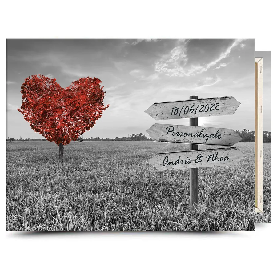 Cuadro con texto personalizado · árbol rojo en blanco y negro Cuadro en lienzo con texto personalizado: árbol rojo en blanco y negro con cartel para tu frase