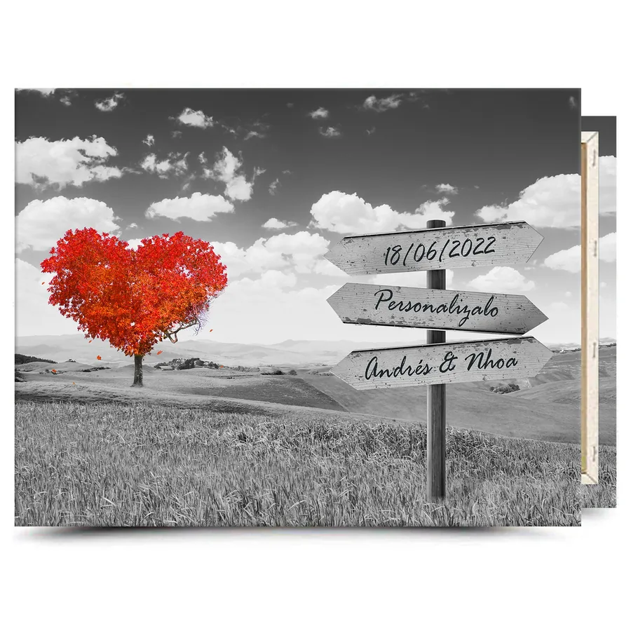 Cuadro con texto personalizado · árbol naranja en blanco y negro Cuadro en lienzo con texto personalizado: árbol naranja en blanco y negro con cartel para tu frase