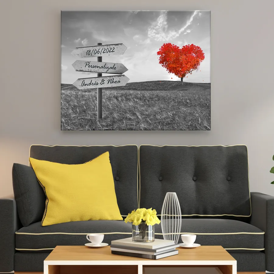 Cuadro con texto personalizado · árbol naranja en blanco y negro (ambiente) Cuadro con texto personalizado colgado en la pared: árbol naranja en blanco y negro con cartel para tu frase