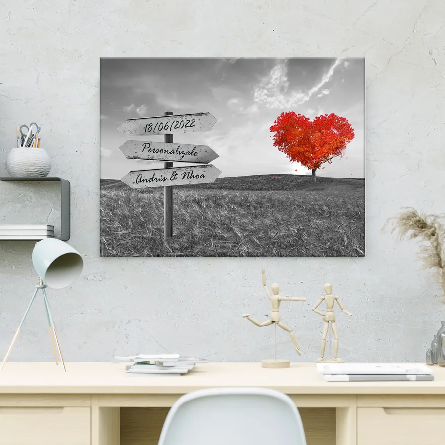 Cuadro con texto personalizado · árbol naranja en blanco y negro (ambiente) Cuadro con texto personalizado colgado en la pared: árbol naranja en blanco y negro con cartel para tu frase