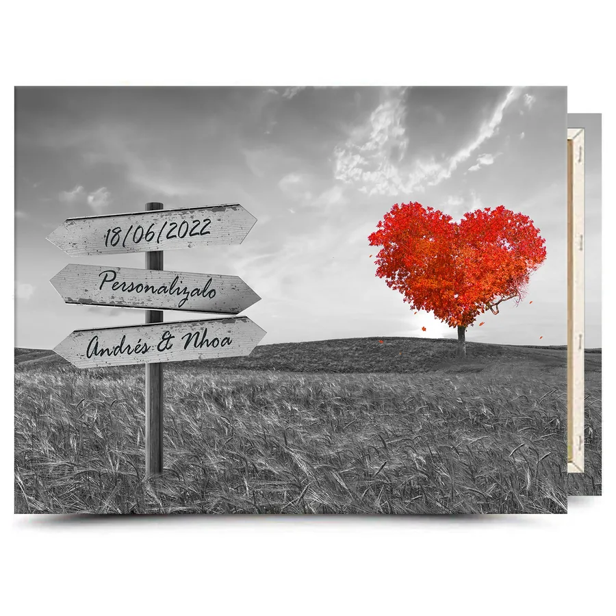 Cuadro con texto personalizado · árbol naranja en blanco y negro Cuadro en lienzo con texto personalizado: árbol naranja en blanco y negro con cartel para tu frase