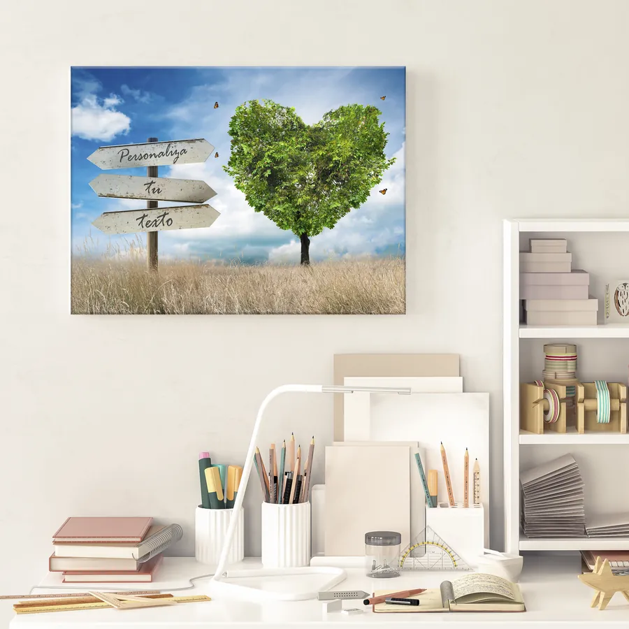 Cuadro con texto personalizado · árbol en forma de corazón verde (ambiente) Cuadro con texto personalizado colgado en la pared: árbol en forma de corazón verde con cartel para tu frase