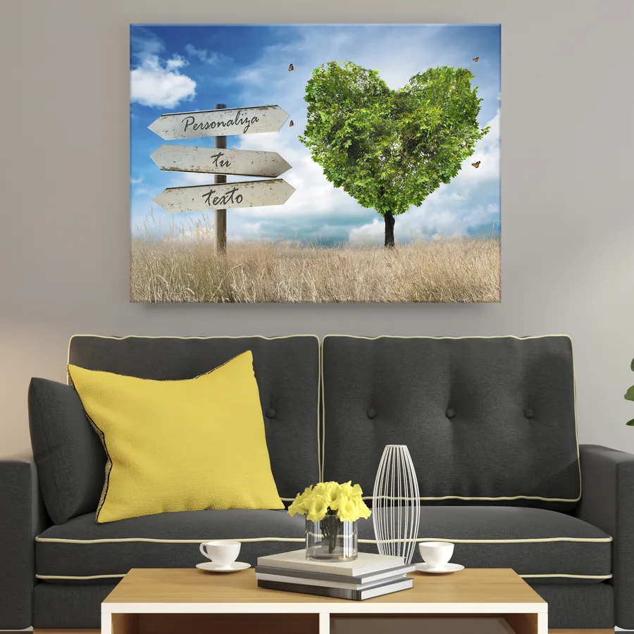 Cuadro con texto personalizado · árbol en forma de corazón verde (ambiente) Cuadro con texto personalizado colgado en la pared: árbol en forma de corazón verde con cartel para tu frase