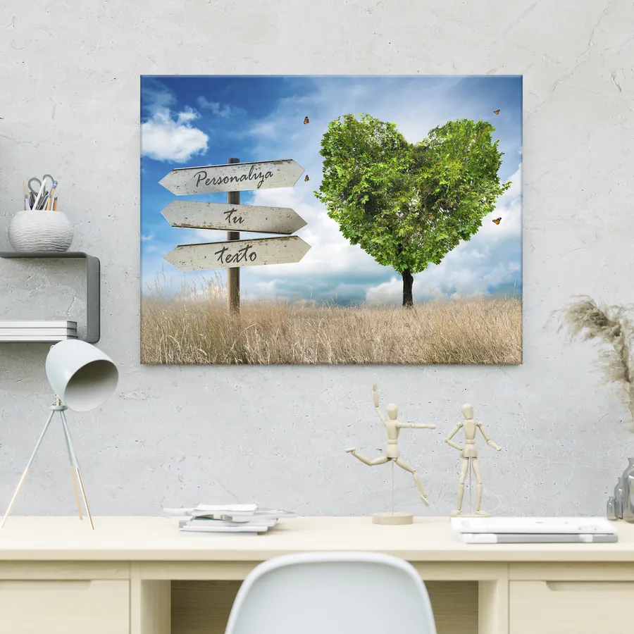 Cuadro con texto personalizado · árbol en forma de corazón verde (ambiente) Cuadro con texto personalizado colgado en la pared: árbol en forma de corazón verde con cartel para tu frase
