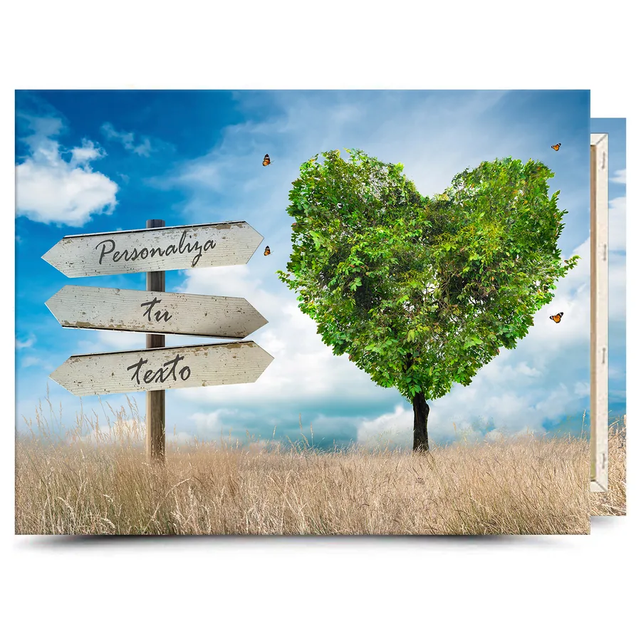 Cuadro con texto personalizado · árbol en forma de corazón verde Cuadro en lienzo con texto personalizado: árbol en forma de corazón verde con cartel para tu frase