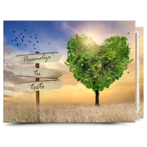 Cuadro en lienzo con texto personalizado: árbol corazón verde al atardecer con cartel para tu frase