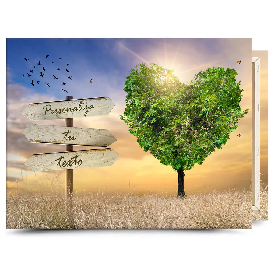 Cuadro con texto personalizado · árbol corazón verde al atardecer Cuadro en lienzo con texto personalizado: árbol corazón verde al atardecer con cartel para tu frase