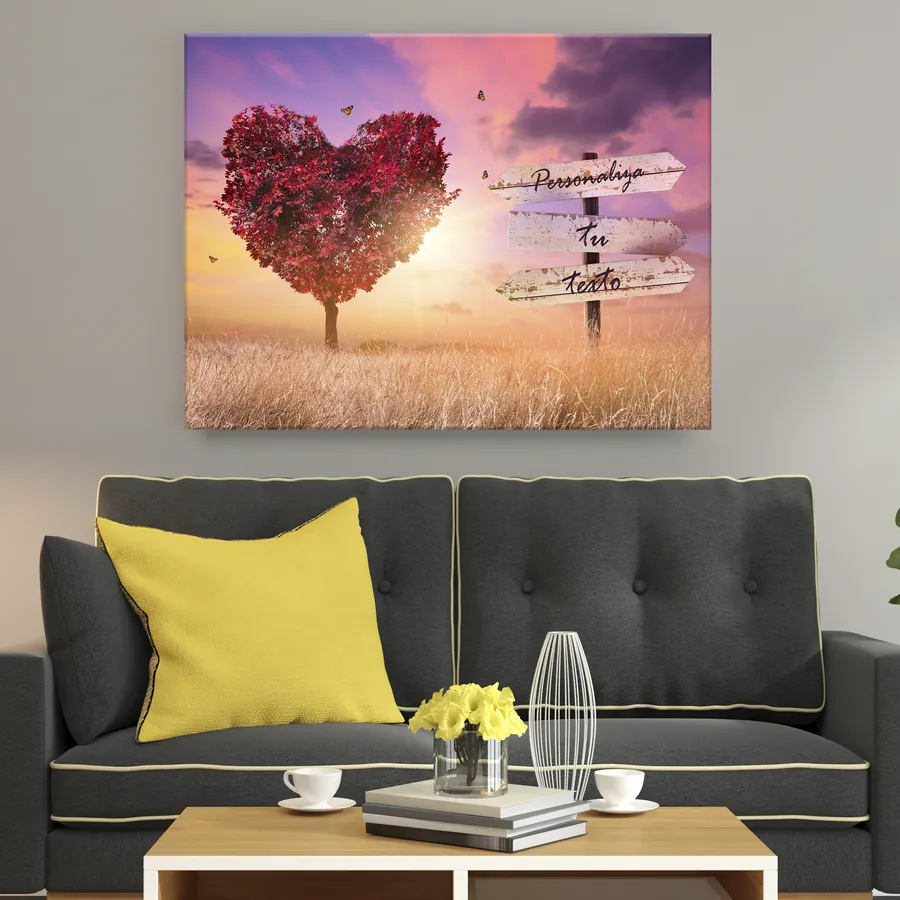 Cuadro con texto personalizado · árbol corazón rojo al atardecer (ambiente) Cuadro con texto personalizado colgado en la pared: árbol corazón rojo al atardecer con cartel para tu frase