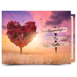 Cuadro en lienzo con texto personalizado: árbol corazón rojo al atardecer con cartel para tu frase