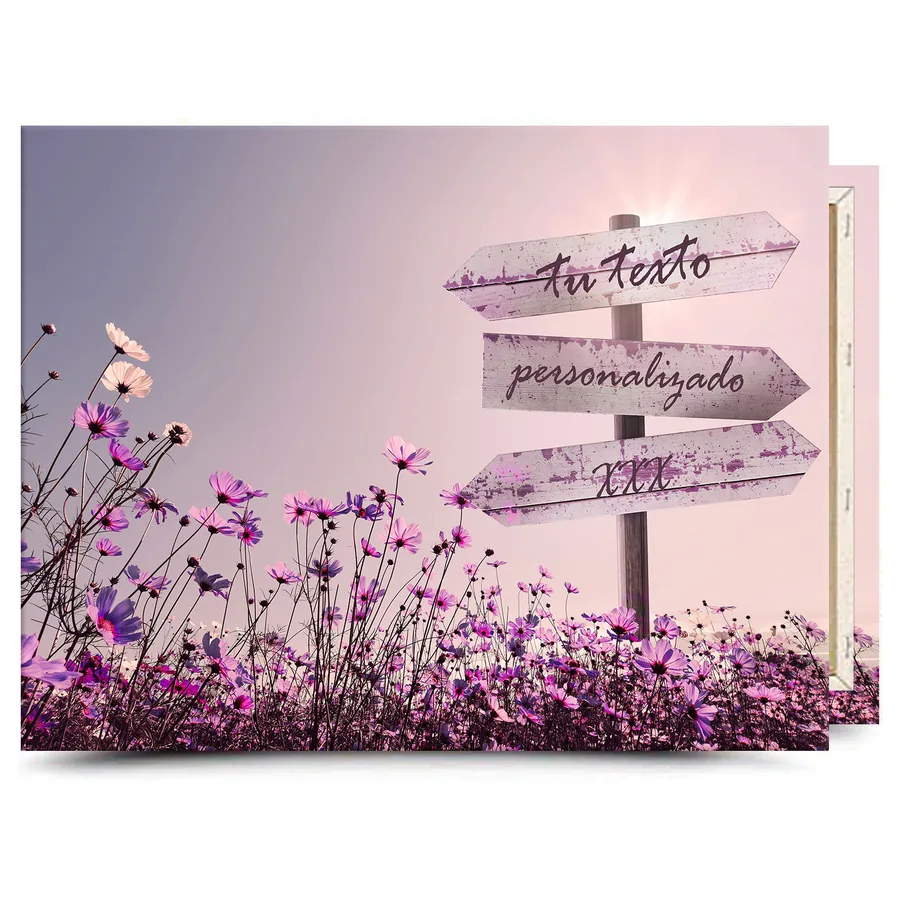 Cuadro con texto personalizado · flores lila y cartel Cuadro en lienzo con texto personalizado: flores lila y cartel con cartel para tu frase