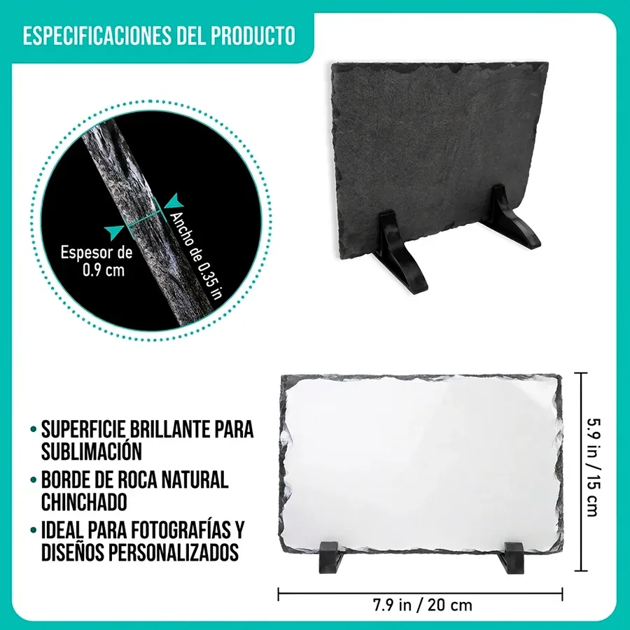 Ficha de especificaciones: 20 x 15 cm, 0,9 cm de grosor, borde de roca natural y soporte incluido