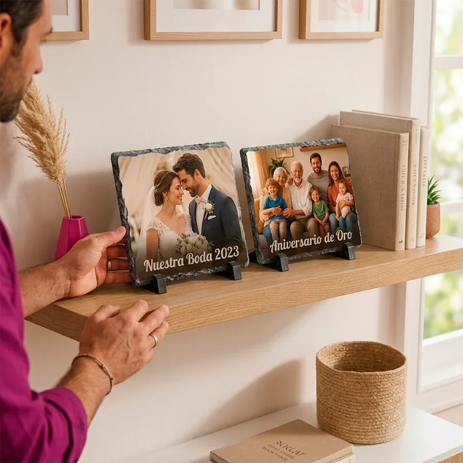 Dos fotos en piedra personalizadas con los textos Nuestra Boda y Aniversario de Oro