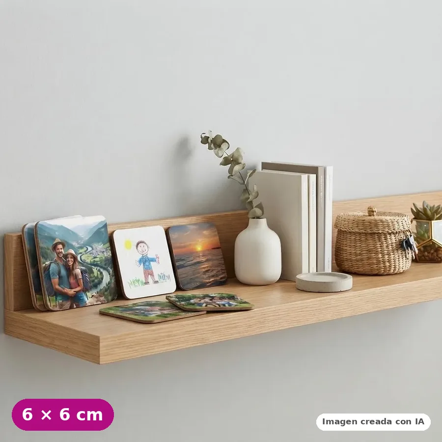 Imanes con fotos y un dibujo infantil apoyados en una balda (imagen creada con IA)