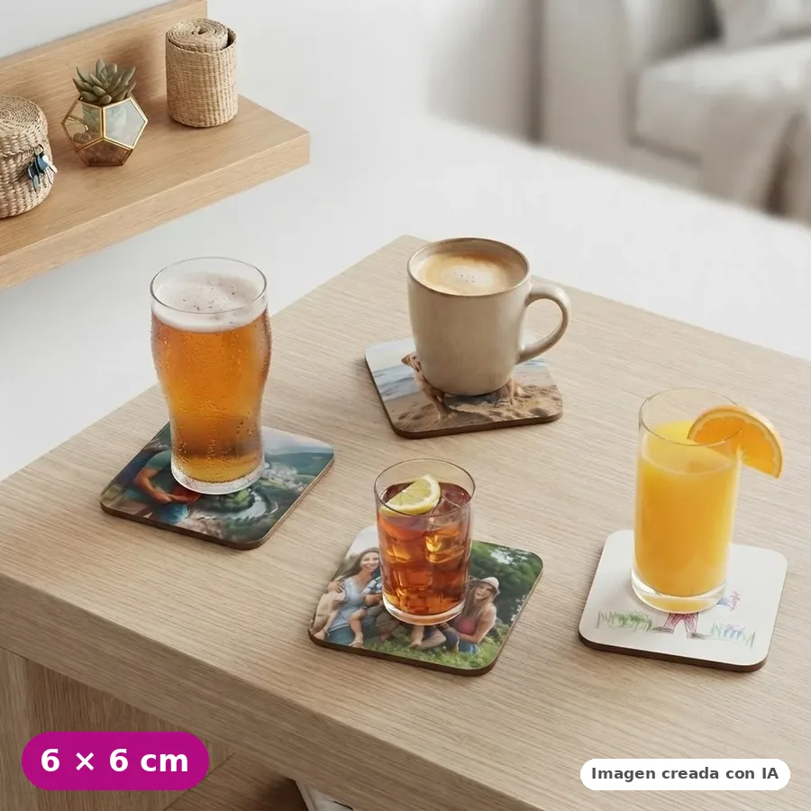 Imanes de madera con foto usados como posavasos bajo una caña y un café (imagen creada con IA; cada uno mide 6 × 6 cm)