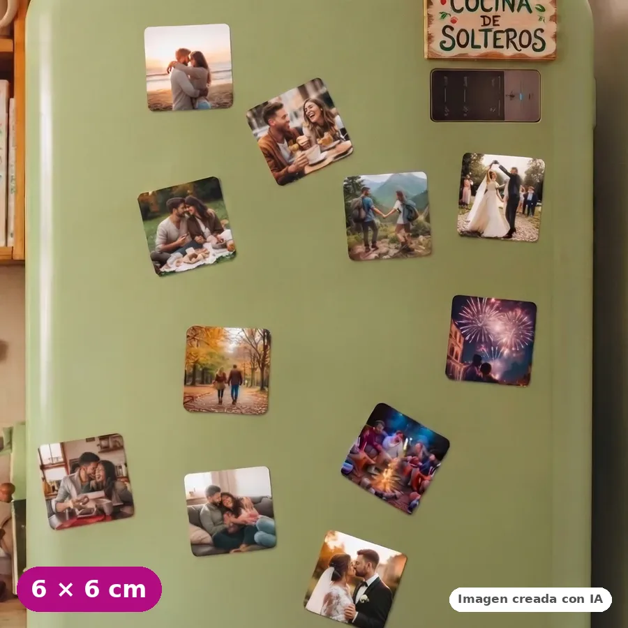 Imanes personalizados con fotos en la puerta de una nevera (imagen creada con IA)