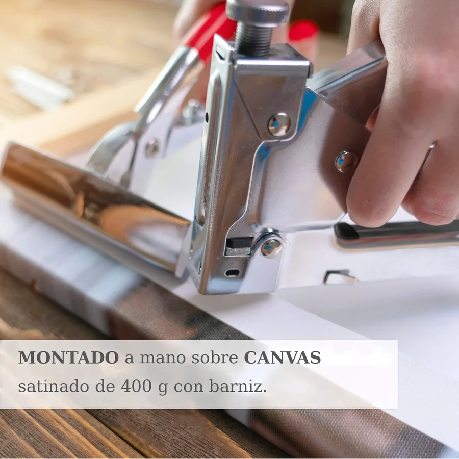 Canvas satinado de 400 g con barniz montado a mano sobre bastidor de madera