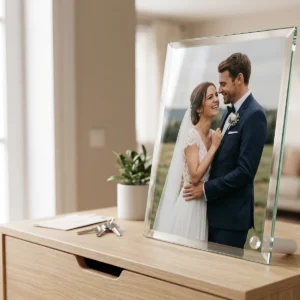 Boda y aniversario: foto en cristal (imagen creada con IA)