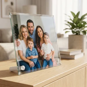Foto de familia impresa en cristal biselado horizontal sobre un mueble de salón (imagen creada con IA)